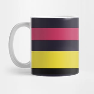 A soft impression of Very Light Pink, Dark, Almost Black, Dingy Dungeon and Piss Yellow stripes. Mug